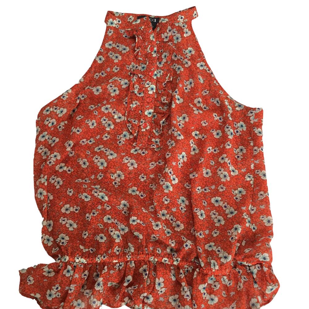 Forever 21 Top Sheer Ruffle Floral Orange Sleeveless Racerback Size Large